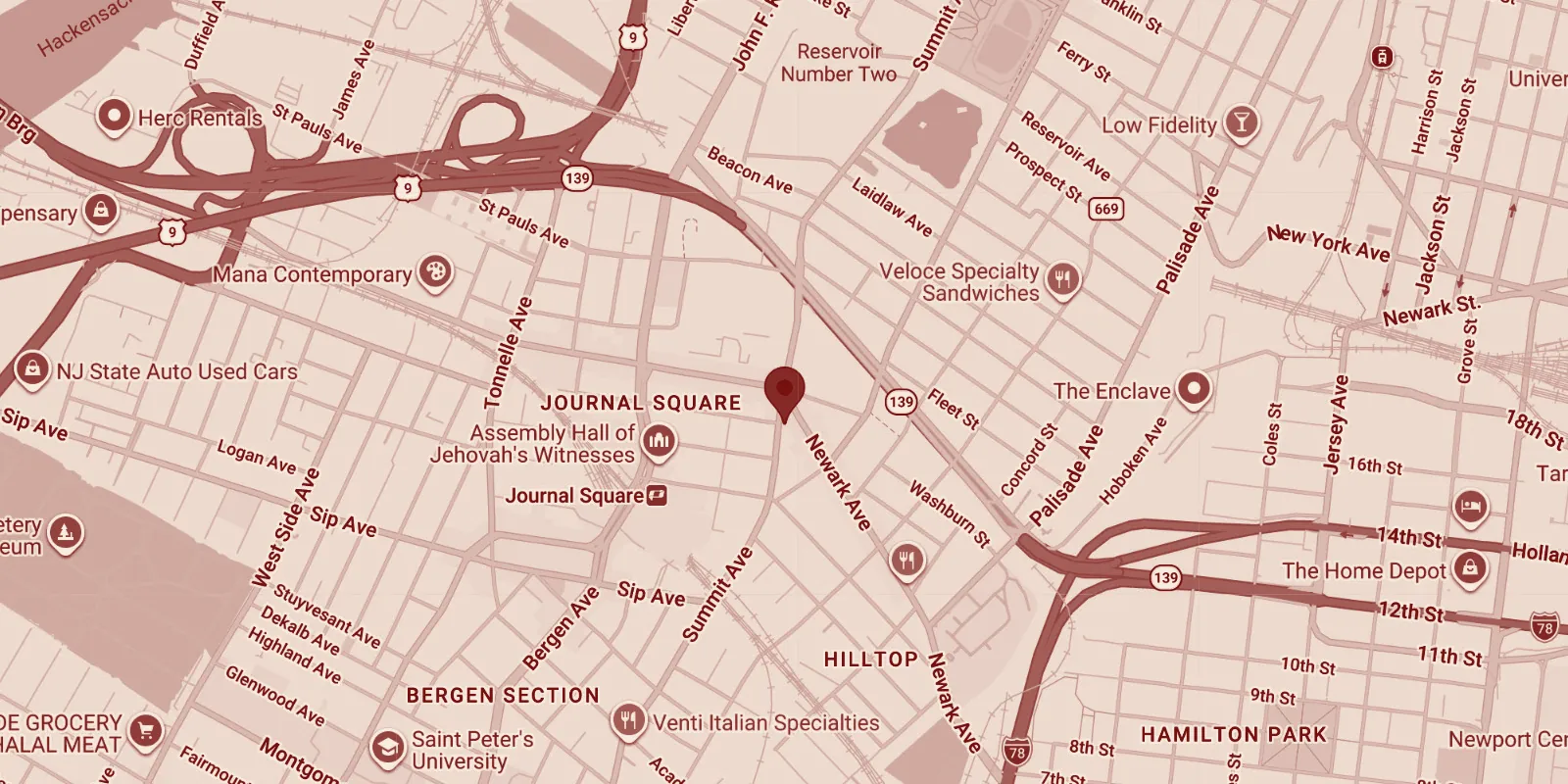 Map showing Lievito Pizza at 584 Summit Ave, by Journal Square in Jersey City